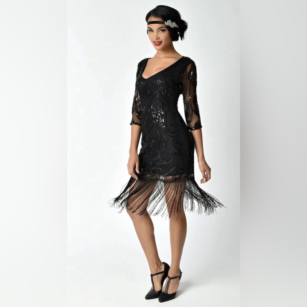Unique Vintage 1920’s Black Beaded & Sequins Sleeved Fringe Cocktail Dress.